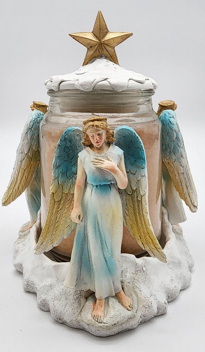 3 Angel Candle Holder w/ Lid – Ceramic Holiday Decor Butterscotch Scent Unused